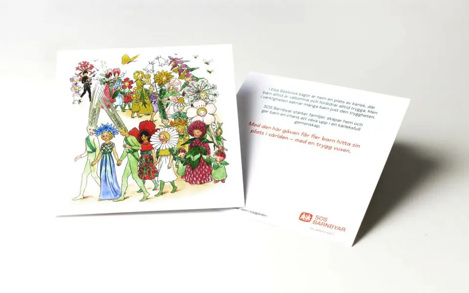 Tryckt gåvobevis med Elsa Beskow illustration.