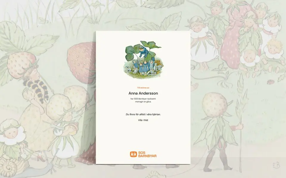 Minnesblad med illustration av Elsa Beskow.
