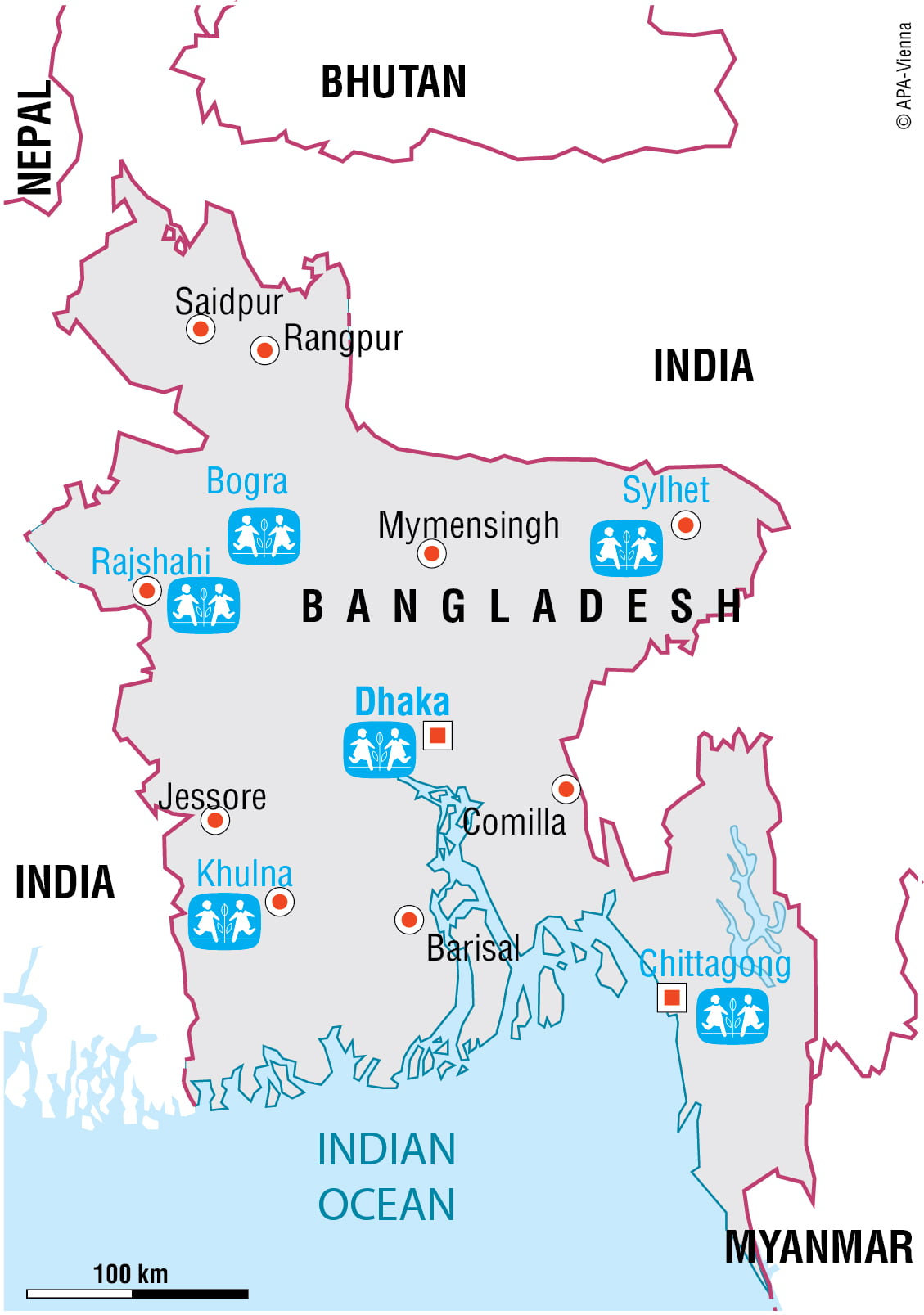Karta över SOS Barnbyars i Bangladesh.