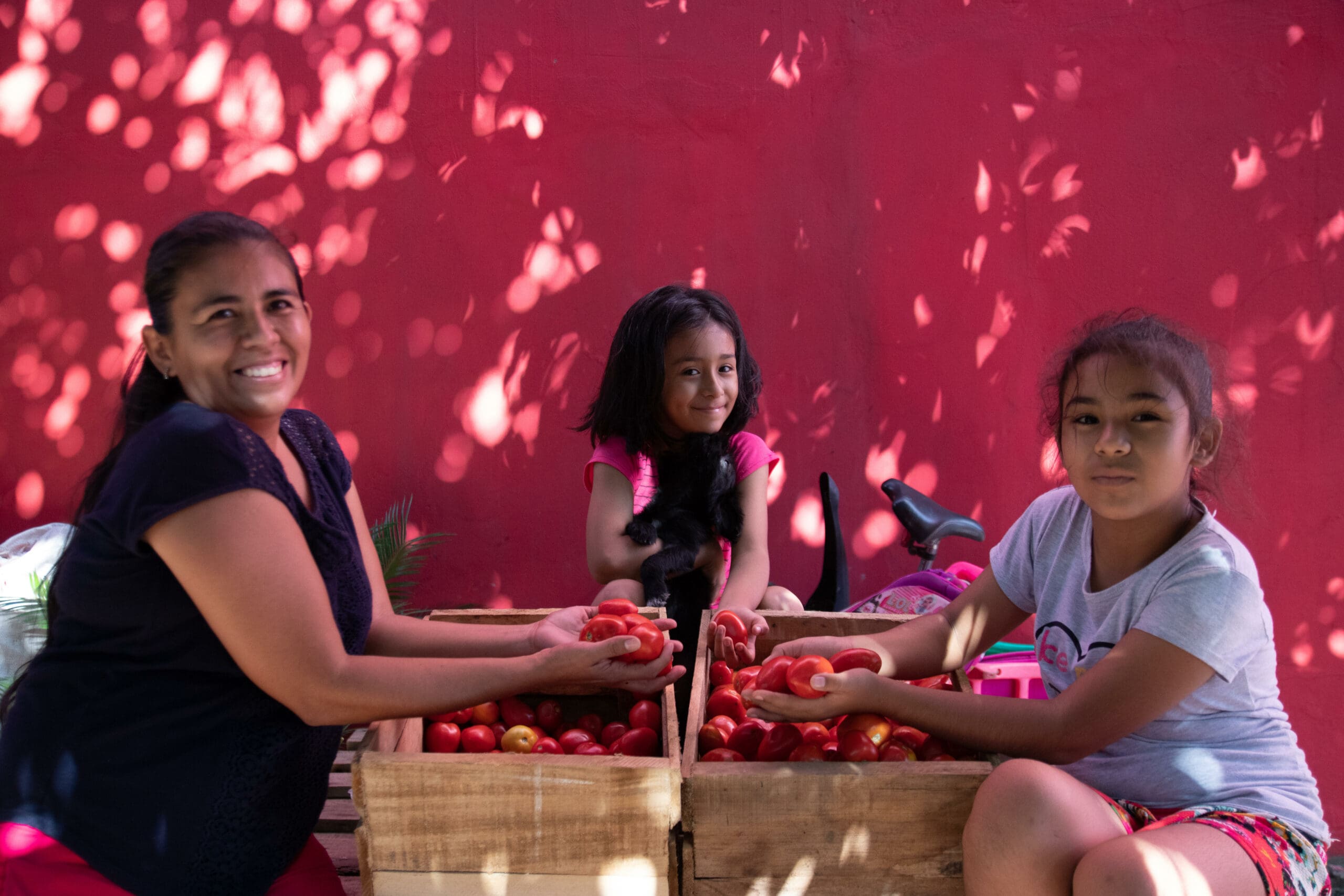 en kvinna från SOS Barnbyars familjestärkande program i Bolivia sitter med sina två döttrar vid två grönsakslådor.