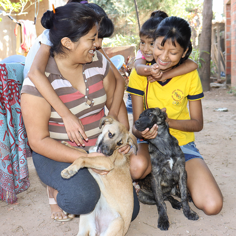 kvinnor barn ler tillsammans med hundar
