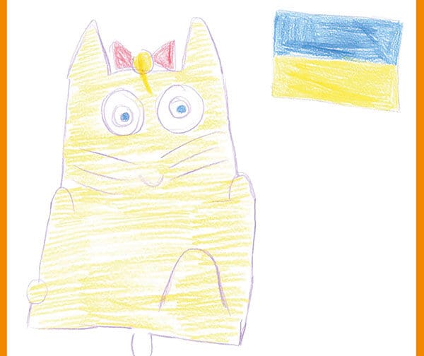 Gåvokort med teckning ritad av ett ukrainskt barn.