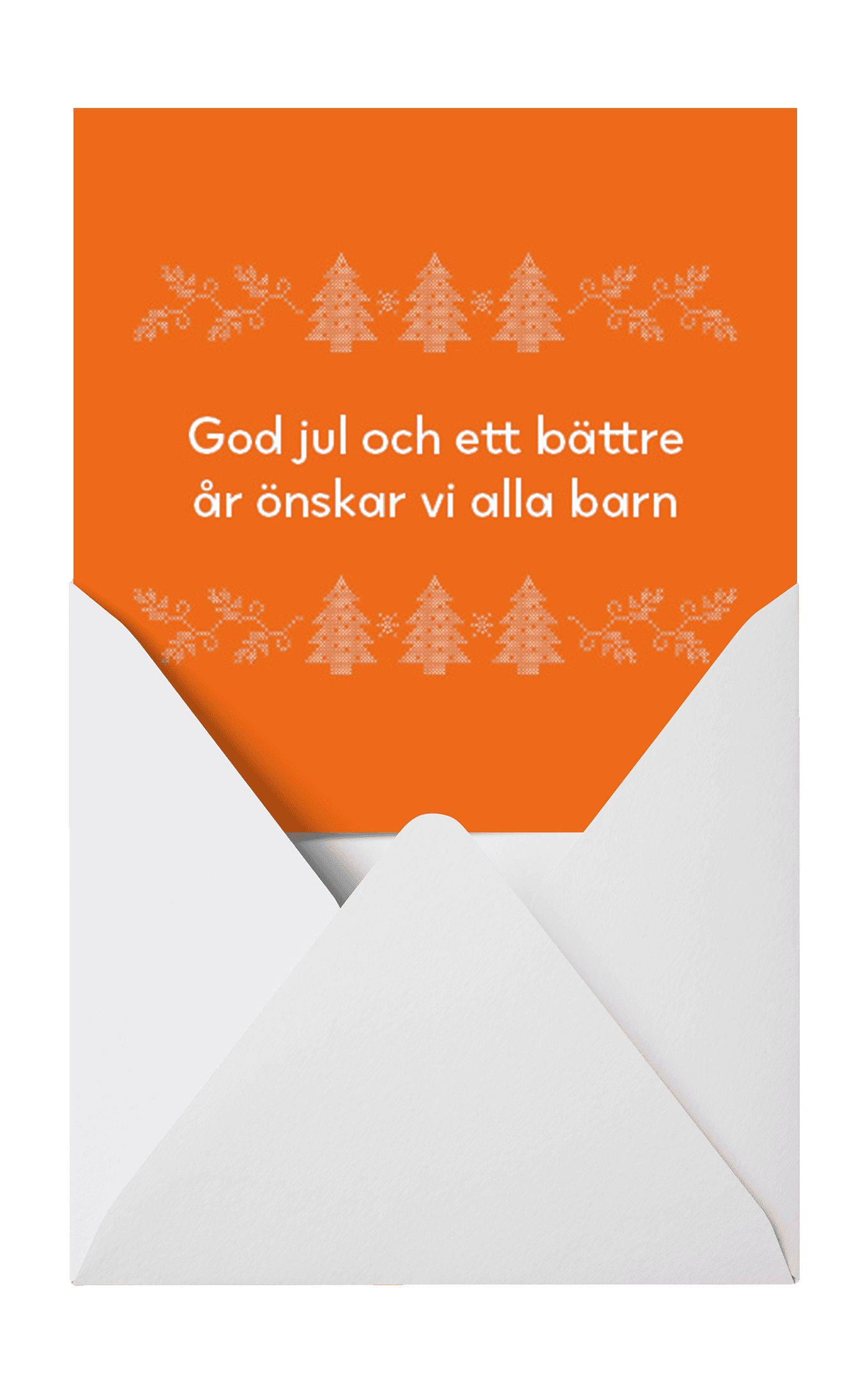 Gåvokort i ett kuvert med julig brodyr och texten God jul och ett bättre år önskar vi alla barn.