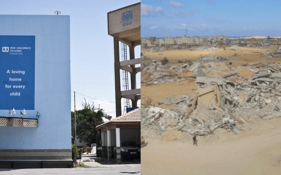 Barnby i Rafah, före och efter förstörelsen.