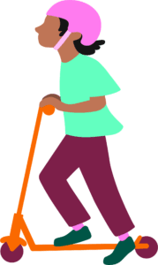 Barn på sparkcykel.