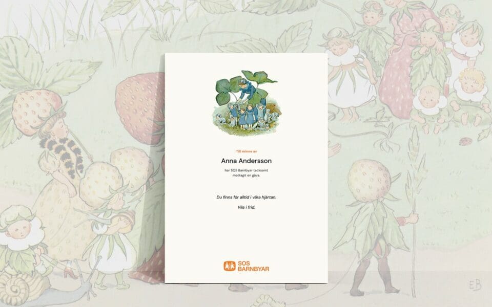 Minnesblad med illustration av Elsa Beskow.