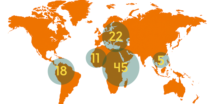 Världskarta som visar var SOS Barnbyar genomför projekt.