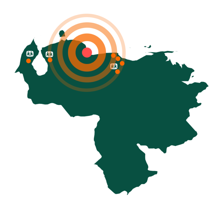 Karta som visar vart SOS Barnbyar arbetar i Venezuela i förhållande till var jordbävningarna slagit till.